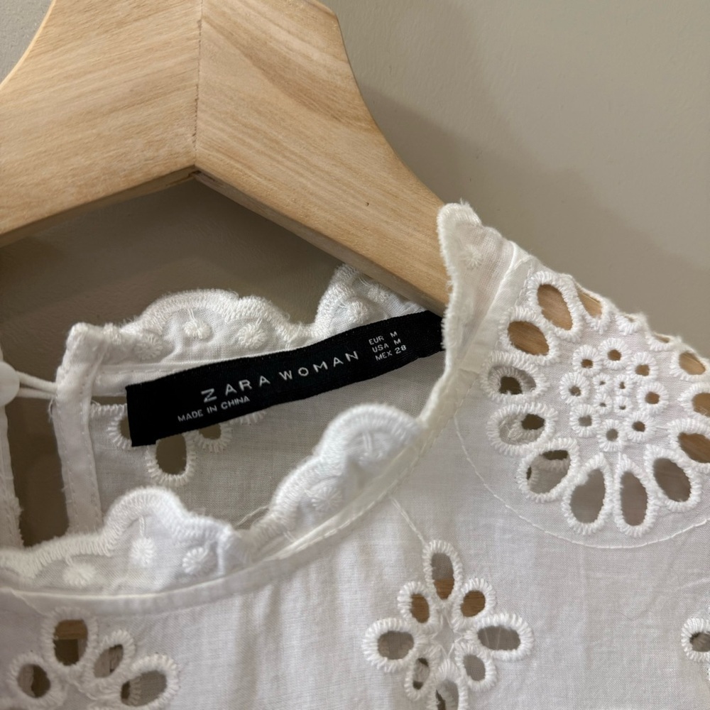 Zara Eyelet white cotton long sleeve blouse size medium Victorian summer coastal - Picture 8 of 10